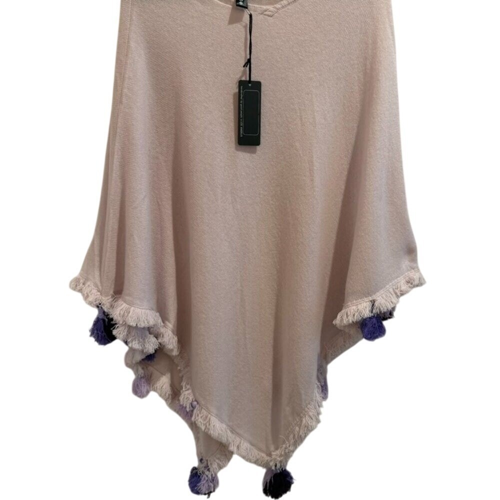 NWT +Beryll 100% Cashmere Poncho Wrap Pink Purple Tassels Made in USA Luxury OS‎